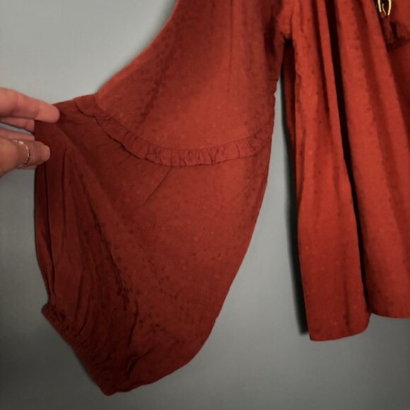 Knox Rose Womens L Brown Peasant Blouse V Neck Tassel Long Sleeve Boho Raglan. - Picture 6 of 8